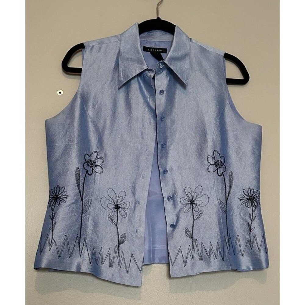Vintage Y2K 100% Silk Women’s Medium Blouse Top Button Up Sleeveless Blue Floral